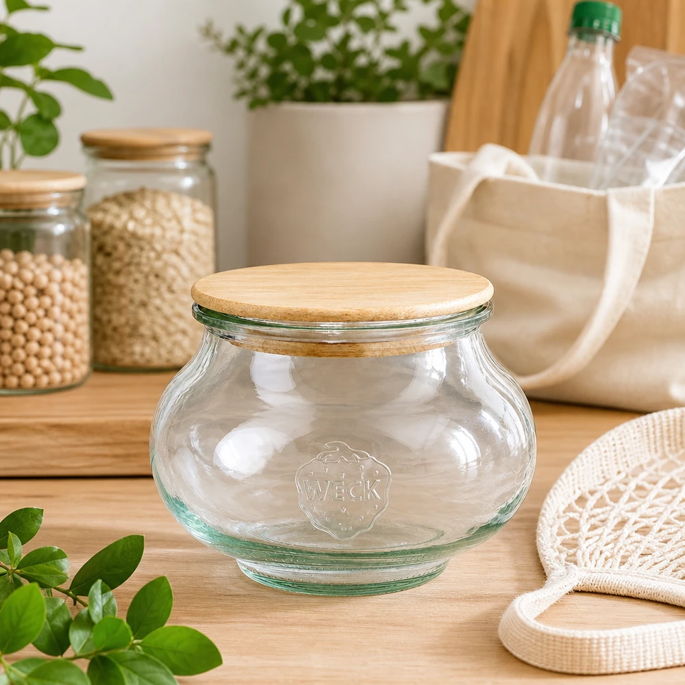 Vaso per gioielli WECK RR80 da 560 ml con coperchio in legno WECK barattolo per gioielli 560ml RR80 barattolo vuoto con coperchio in legno in cucina sostenibile a rifiuti zero con sacchetti di iuta
