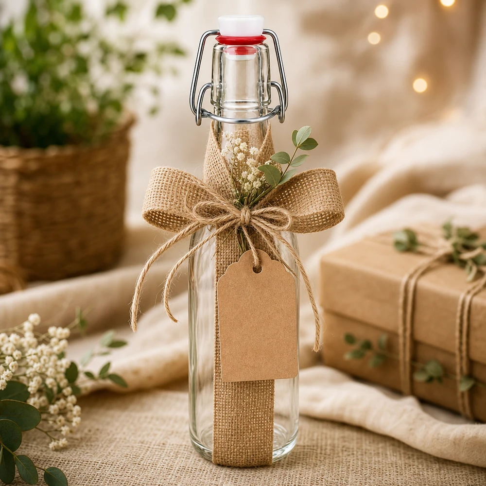 Bottiglia in vetro da 250 ml + tappo oscillante in porcellana UNiTWIST - Acquista qui! 250ml Glasflasche mit Bügelverschluss als Geschenk dekoriert mit Juteschleife, Anhänger und getrockneten Blumen