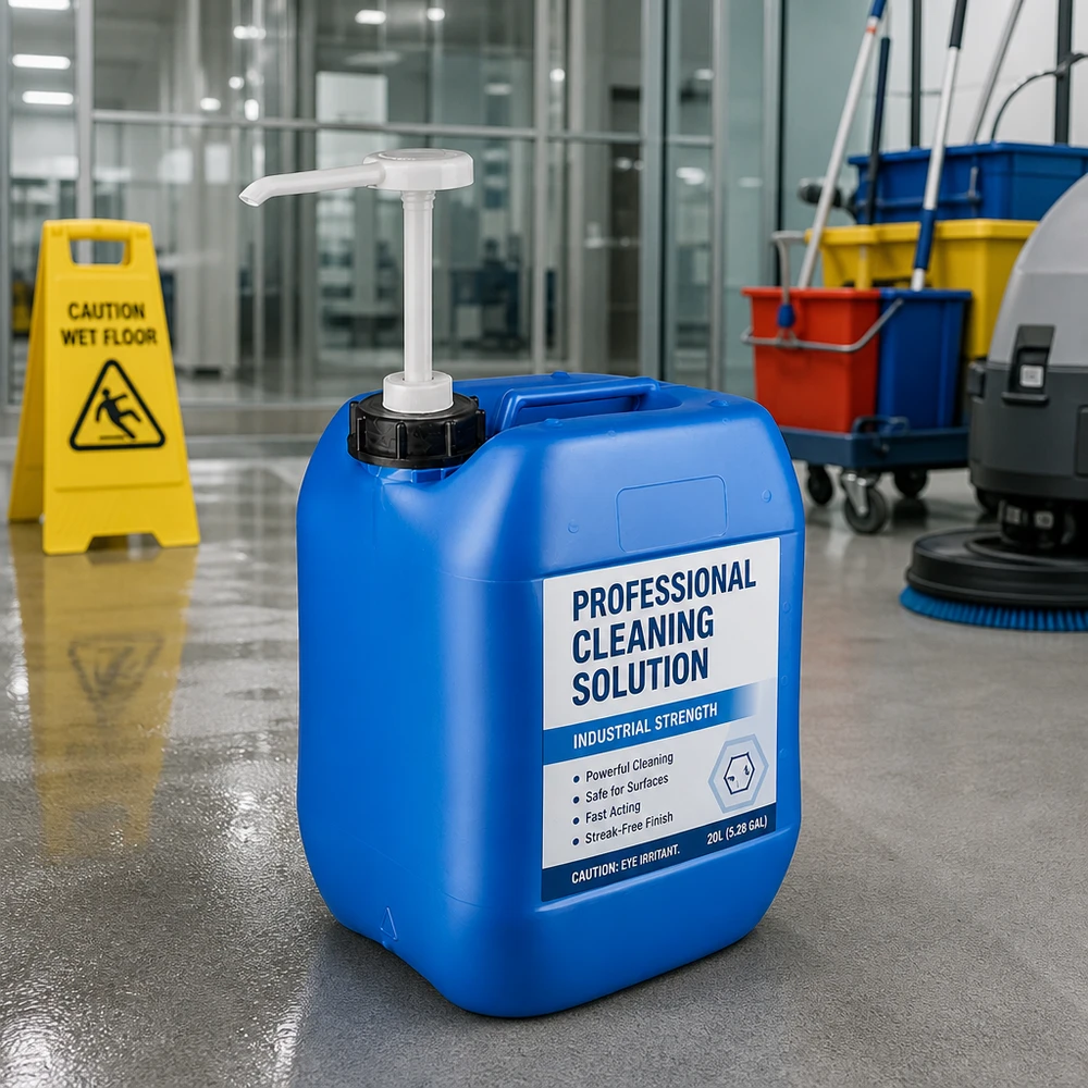Kanister 10 Liter blau mit Dosierpumpe Tragbarer blauer 10L Reinigungsmittelkanister mit Pumpe neben gelbem Warnschild und Mopps
