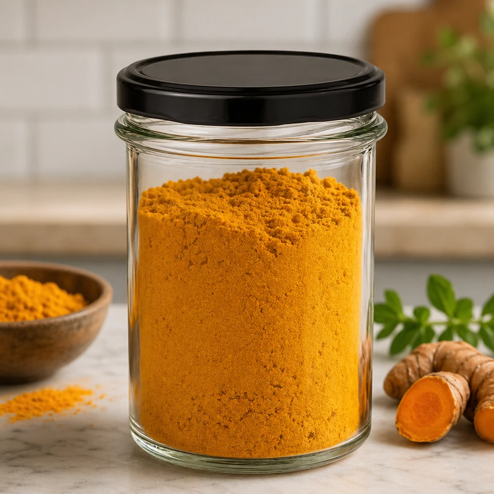 230ml Sturzglas gefüllt mit Kurkuma Pulver zeigt praktische Verwendung als Gewürz Vorratsbehälter mit schwarzem Deckel
