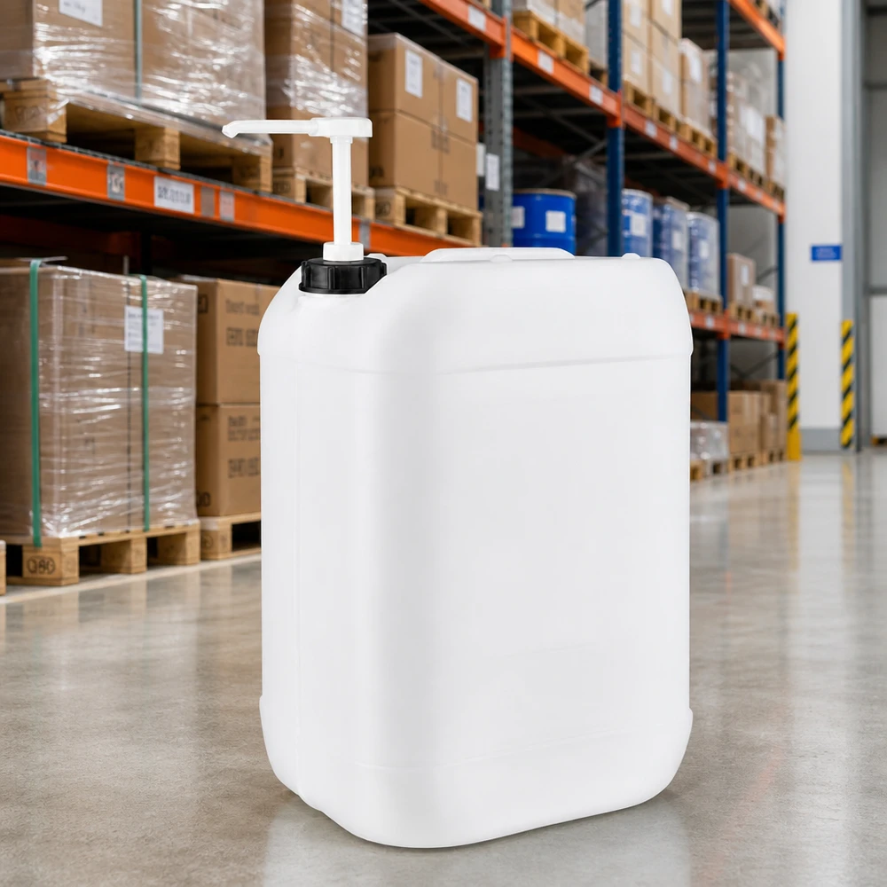 Jerrican de 25 litres avec pompe doseuse Bidon de 25 litres adapté au contact alimentaire, avec pompe distributrice, en plastique HDPE blanc, disponible en entrepôt