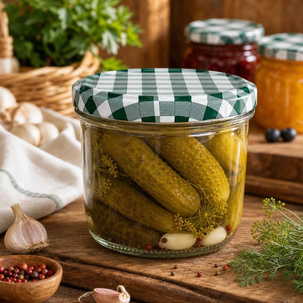 230ml Sturzglas + BasicSeal Deckel grün/weiß UNiTWIST Sturzglas 230ml Einlegegurken Essiggurken gefüllt BasicSeal Deckel grün-weiß kariert Einmachen Konservieren Dill Knoblau