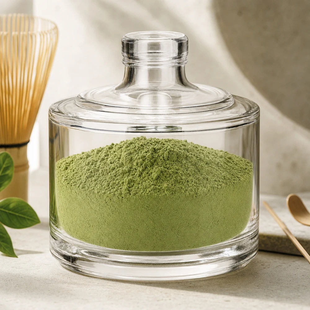 200ml Glasflasche Barbara mit grünem Matcha-Pulver befüllt als Teedose in moderner Küche mit Bambusbesen
