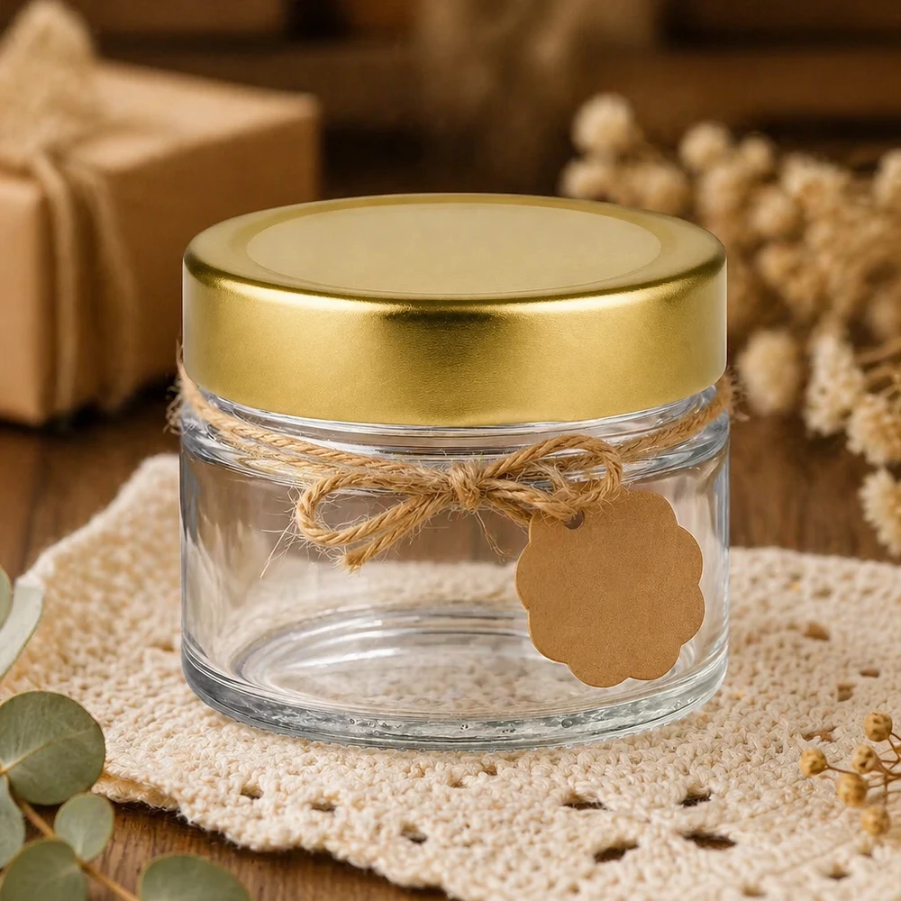 Barattolo rotondo da 80 ml con coperchio BasicSeal decorato in oro profondo su coperta all'uncinetto con fiocco di iuta e etichetta regalo