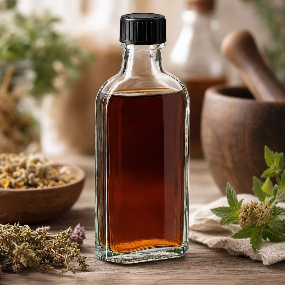 100 ml Meplat klar Schraubverschluss mit EPE-Dichtscheibe Befüllte 100ml Apothekerflasche mit Lavendel Minze und Kamille auf Holzuntergrund arrangiert