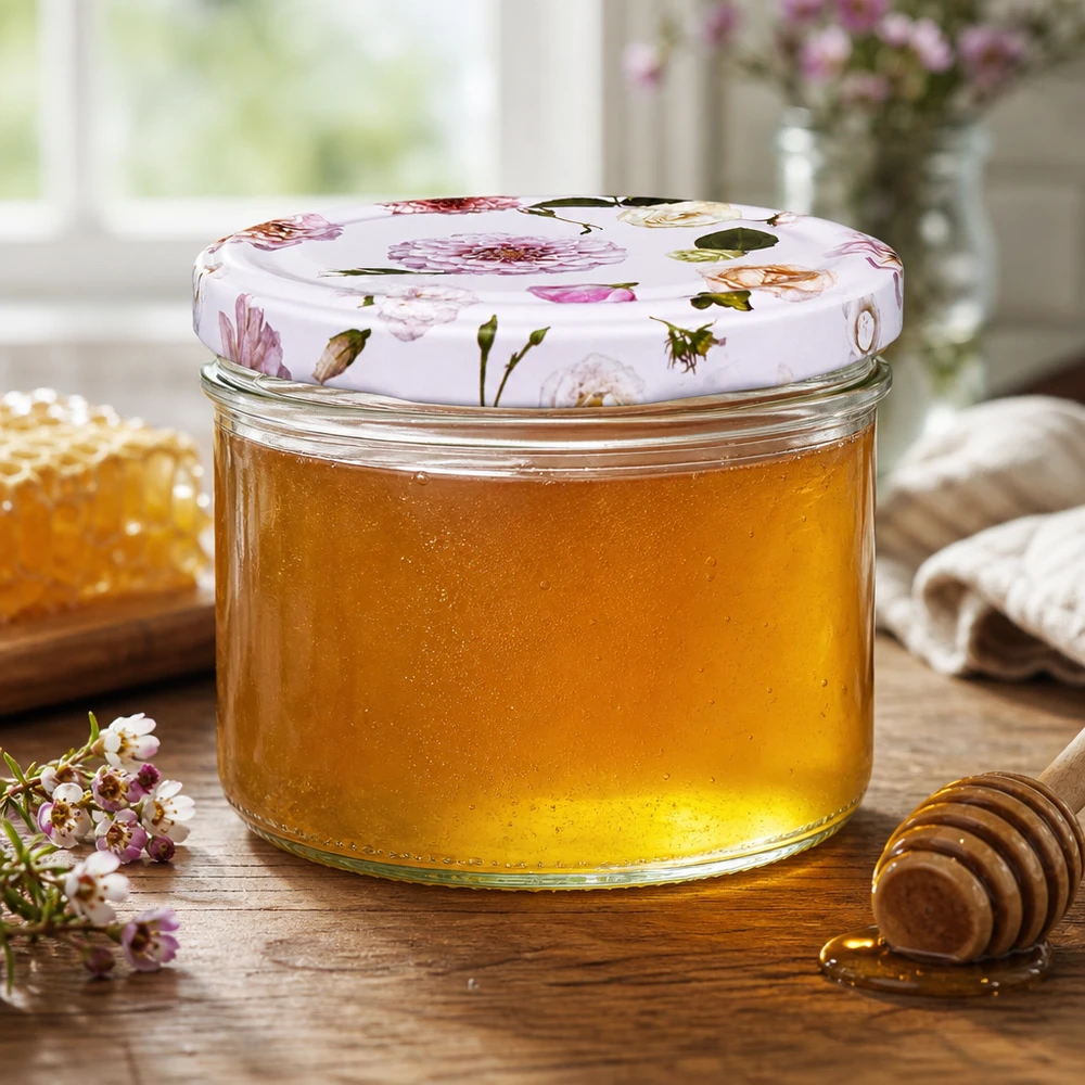 230ml Zylinderglas + BasicSeal Deckel Blume rosa Honigglas 230ml mit BasicSeal Deckel Blume rosa - goldener Honig mit Honiglöffel und Waben in Küche