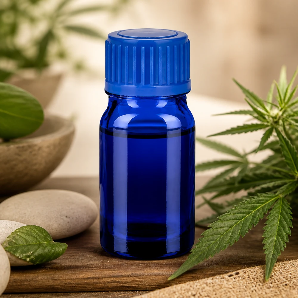 Piccolo flacone blu da 5 ml, ideale per i viaggi e le applicazioni mobili.