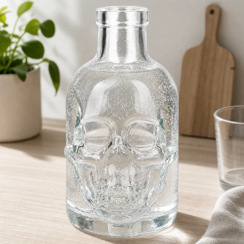 200ml Glasflasche "Jack" ohne Verschluss UNiTWIST Glasflasche Jack 200ml Totenkopf Relief transparent Küchentisch Ambiente natürliches Licht Holzbrett Pflanze
