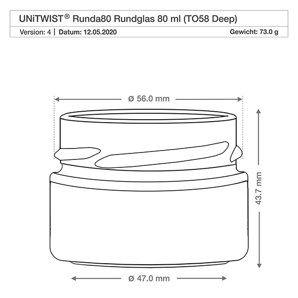 UNiTWIST Runda80 - Barattolo rotondo capacità 80ml TO58profondo UNiTWIST bicchiere rotondo 80ml TO58 Deep con dimensioni 56mm di diametro e 43,7mm di altezza disegno tecnico