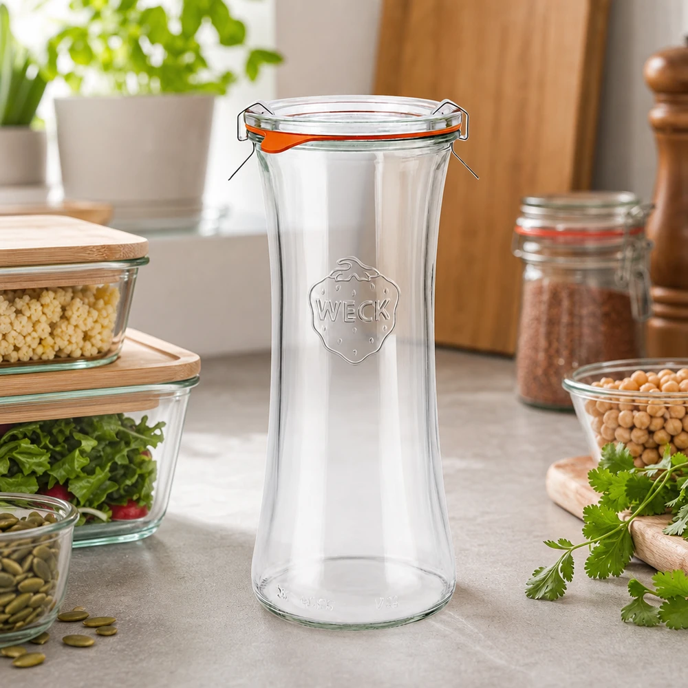 Vasetto da 700 ml completo WECK RR80 WECK 700ml barattolo per salumi RR80 vuoto con coperchio in una cucina moderna tra barattoli e erbe fresche