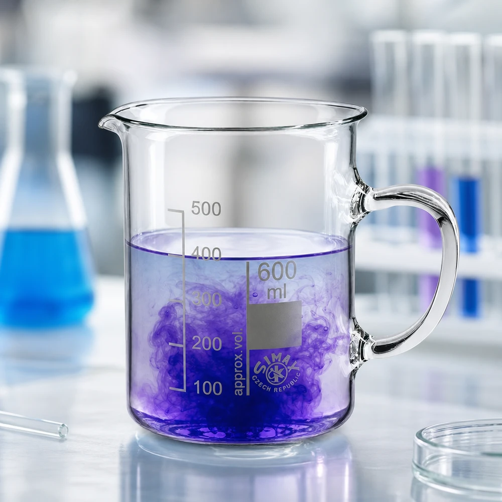 Bicchiere da 600 ml in vetro borosilicato, con manico Bicchiere da laboratorio da 600 ml con manico, in vetro borosilicato resistente al calore, contenente un liquido viola