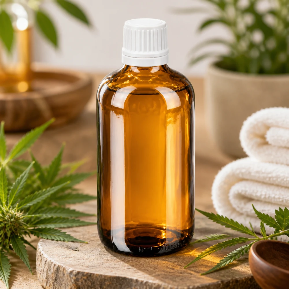 Flacon de pharmacie brun 100ml bouchon compte-gouttes 1.2mm blanc bouchon d'inviolabilité Flacon compte-gouttes en verre ambré de 100 ml muni d'un bouchon de sécurité blanc pour enfants, entouré de feuilles de cannabis