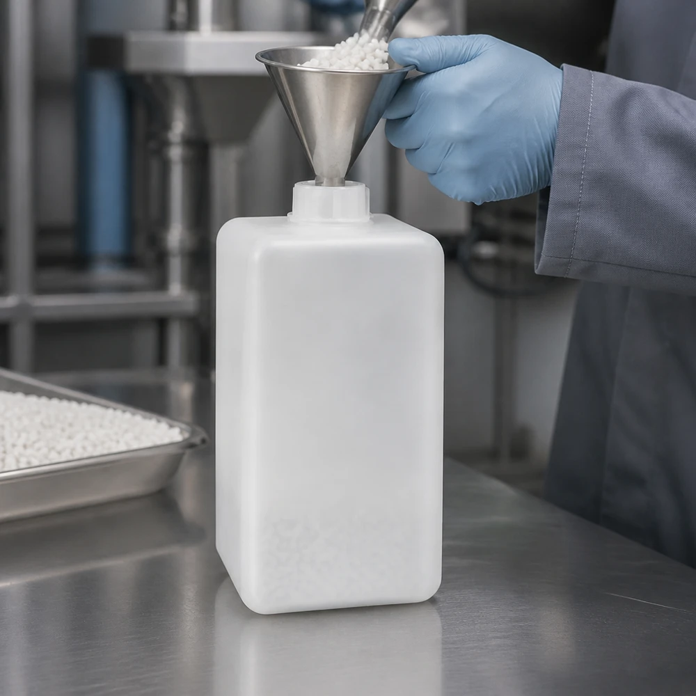 Flacon à produits chimiques 1500 ml à col étroit, PEHD couleur naturelle, avec bouchon GL 32 Remplissage en toute sécurité de granulés solides dans un flacon robuste en PE-HD de 1 500 ml à col étroit, destiné aux produits chimiques