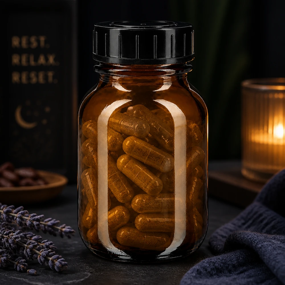 Barattolo a bocca larga da 50 ml, protetto dalla luce, in vetro ambrato e con tappo a vite resistente ai bambini.