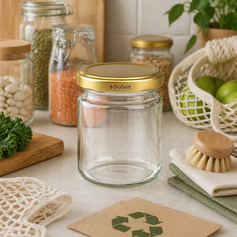 Barattolo per conserve UNiTWIST Runda53 con coperchio dorato TO43 BioSeal in cucina sostenibile con simbolo di riciclaggio