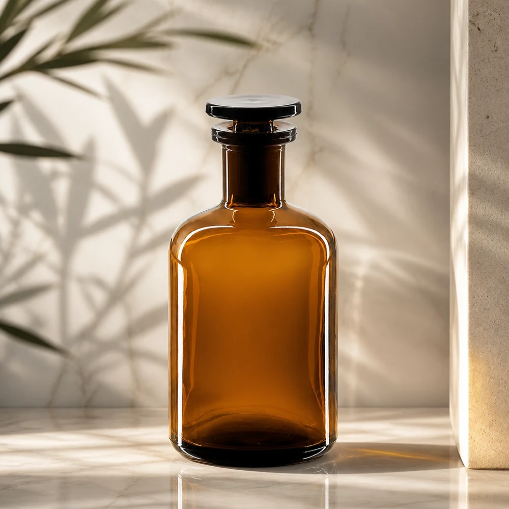 Flacone in vetro color ambra da 100 ml, a collo stretto con tappo, con protezione dai raggi UV per sostanze fotosensibili
