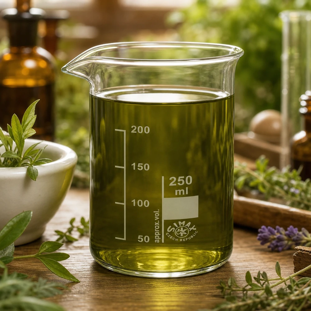 Bicchiere 250ml in vetro borosilicato, forma alta Bicchiere da laboratorio da 250 ml, di forma alta, contenente una soluzione di estratto di erbe di colore giallo-verde, circondato da erbe medicinali fresche