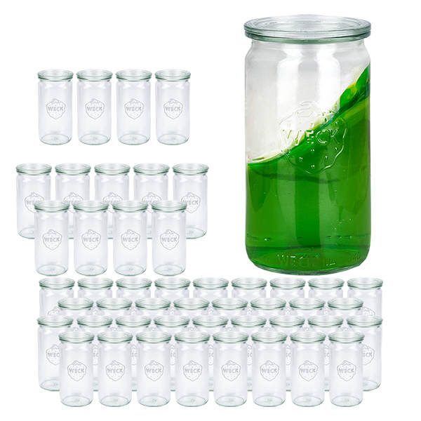 Set di 48 vasi cilindrici Weck da 340 ml con 48 coperchi in vetro Set di 48 vasi cilindrici Weck da 340 ml con 48 coperchi in vetro