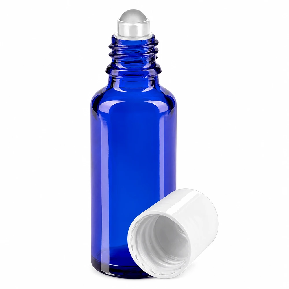 Blaue 30ml Rollflasche aus UV-Schutz Apothekerglas mit Edelstahlkugel weiß
