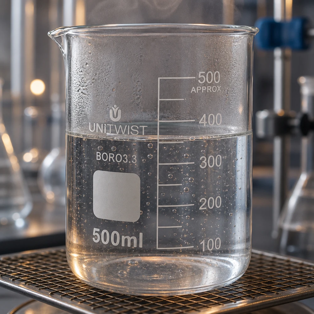 Bicchiere 500ml borosilicato, stampo basso UNiTWIST Bicchiere da laboratorio trasparente da 500 ml UNiTWIST BORO3.3 su base in rete metallica, riempito d'acqua