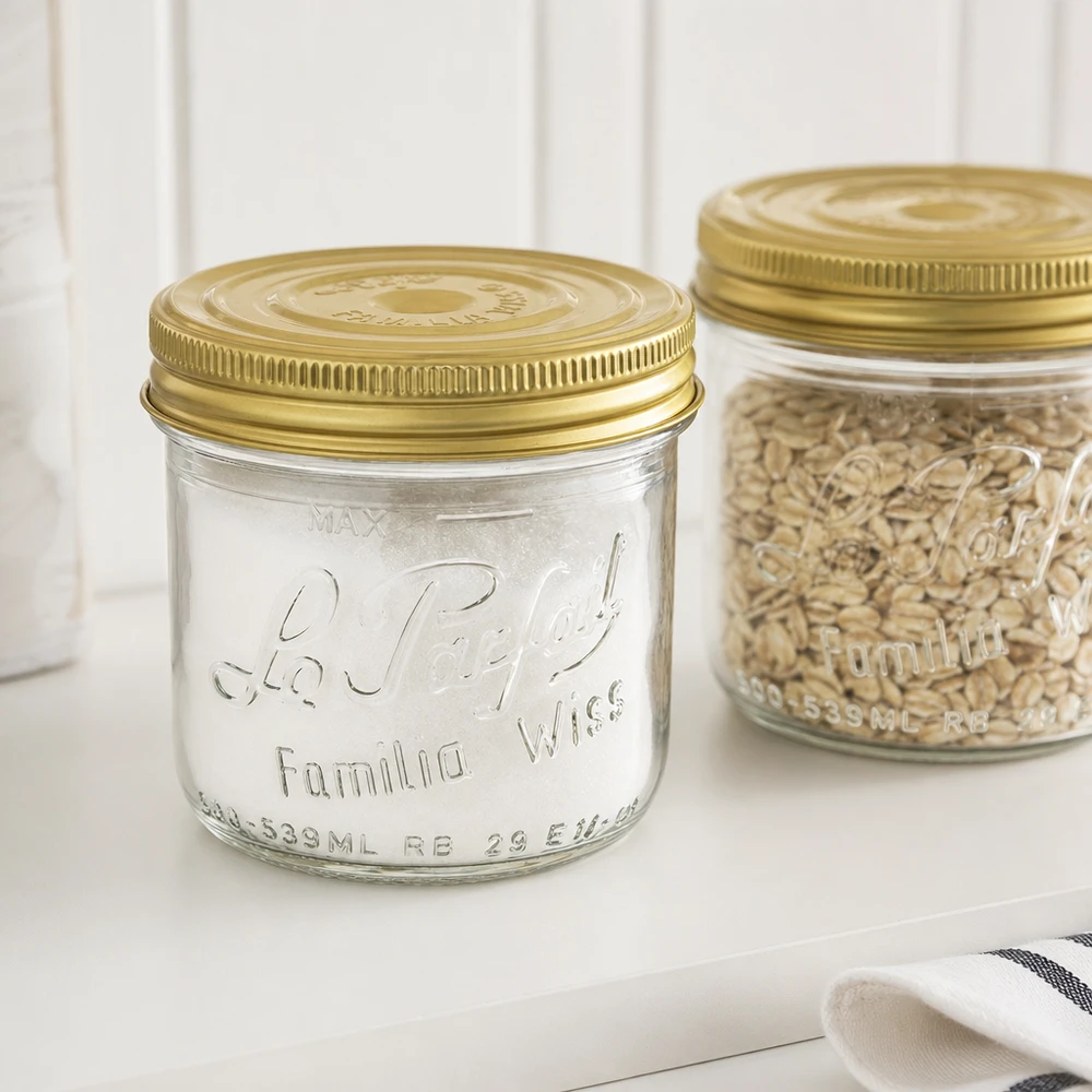 Le Parfait® Familia Wiss 500 g Ø100 mm vaso Bicchieri Familia Wiss da 539 ml con coperchio dorato e barattolo da conserva con cereali su superficie bianca