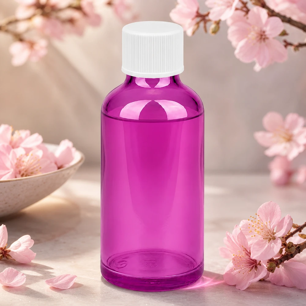 Flacone da 50ml con tappo a vite 11mm bianco standard PurpleLine UT18/50 Moderno flacone da 50 ml in vetro colorato di viola con tappo bianco per un trattamento esclusivo della pelle
