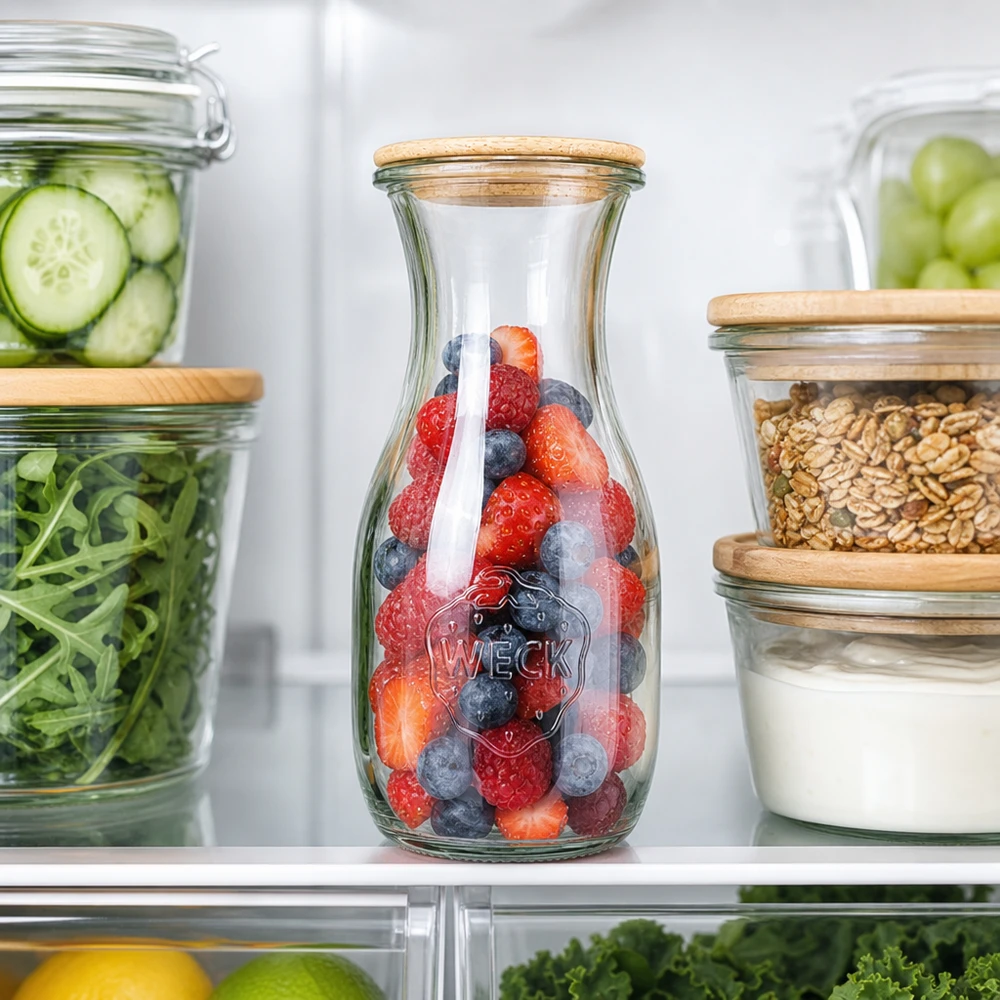 530ml Saftflasche WECK RR60 mit Holzdeckel WECK Saftflasche 530ml RR60 mit Beeren im Kühlschrank neben Vorratsgläsern mit Gurken Salat und Nüssen