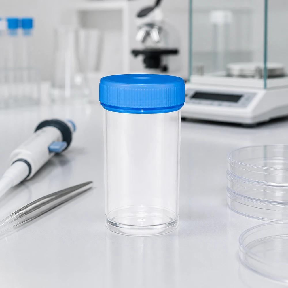 Boîte universelle stérile de 50 ml avec des boîtes de Pétri et du matériel de laboratoire sur un plan de travail blanc