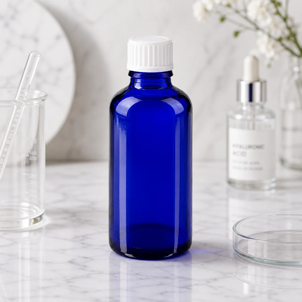 Apothekenflasche blau 50ml Schraubverschluss weiß Globuli Standard Lichtschutzflasche 50ml blau mit weißem Verschluss für Kosmetik und Pharmazeutika