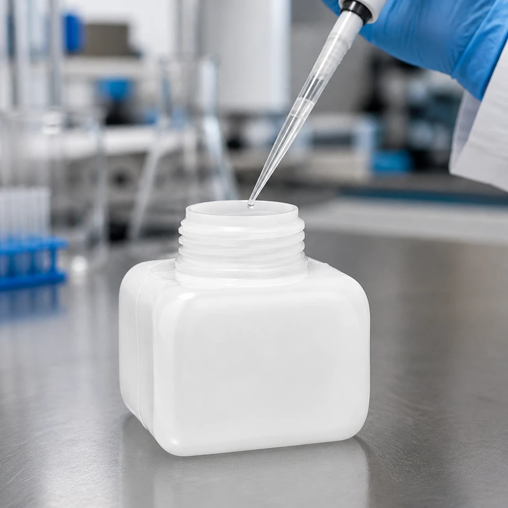 Flacon pour produits chimiques 250 ml, carré, en PE-HD, peu encombrant, empilable, destiné aux laboratoires