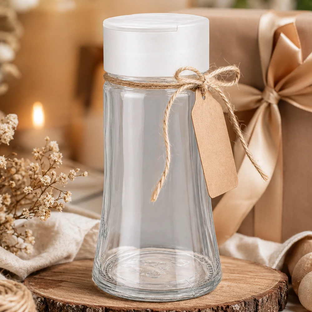 Pot à sel/épices 95 ml avec double saupoudreuse, blanc Kompakter Glasstreuer 95ml weißer Deckel mit Doppelstreufunktion auf rustikalem Holzuntersetzer