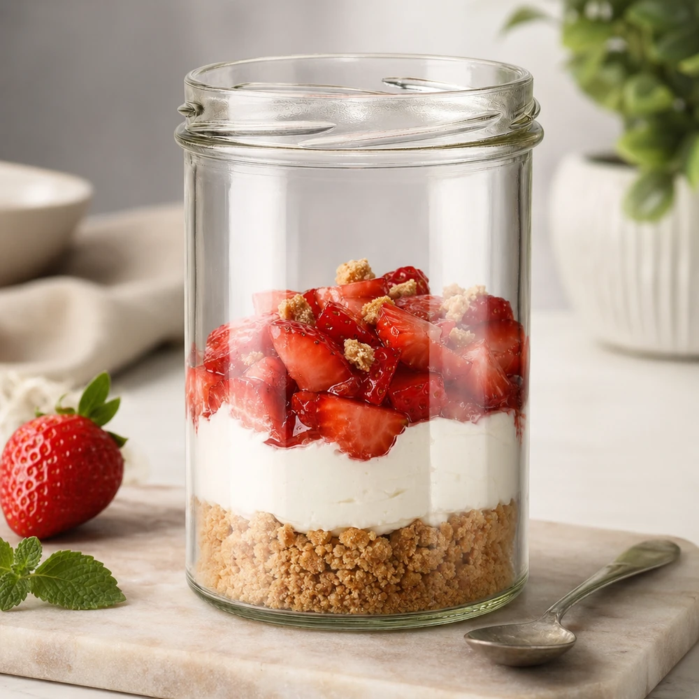 UNiTWIST Sturz435 Einmachglas 435ml mit Erdbeer-Dessert Schichtdessert TO82 Gewinde für süße Nachspeisen und Parfait