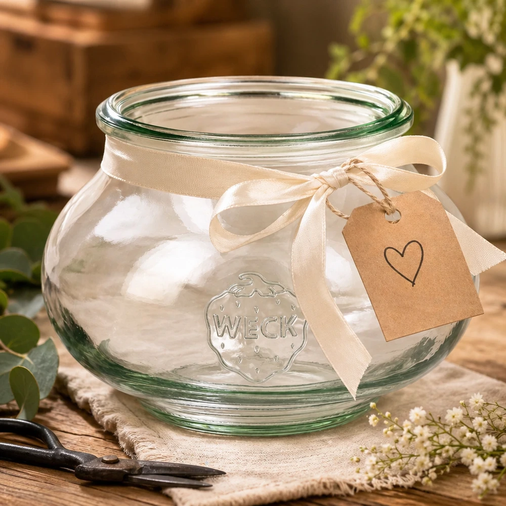 Barattolo di vetro decorativo WECK RR80 da 560 ml Vaso decorativo WECK da 560 ml RR80 disposto in modo decorativo con nastro color crema e ciondolo a cuore su tavolo di legno
