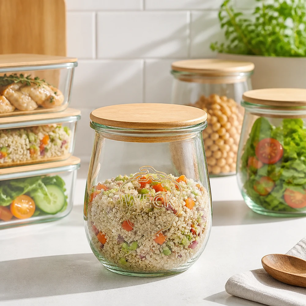 WECK barattolo a tulipano 220ml RR60 coperchio in legno per Meal Prep - barattolo di stoccaggio con insalata di verdure quinoa in una cucina moderna