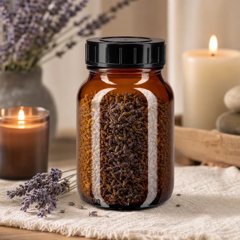 Bocal à col large en verre ambré 250 ml + couvercle à vis Bouteille en verre spacieuse de 250 ml avec une large ouverture et un couvercle noir pour un remplissage facile