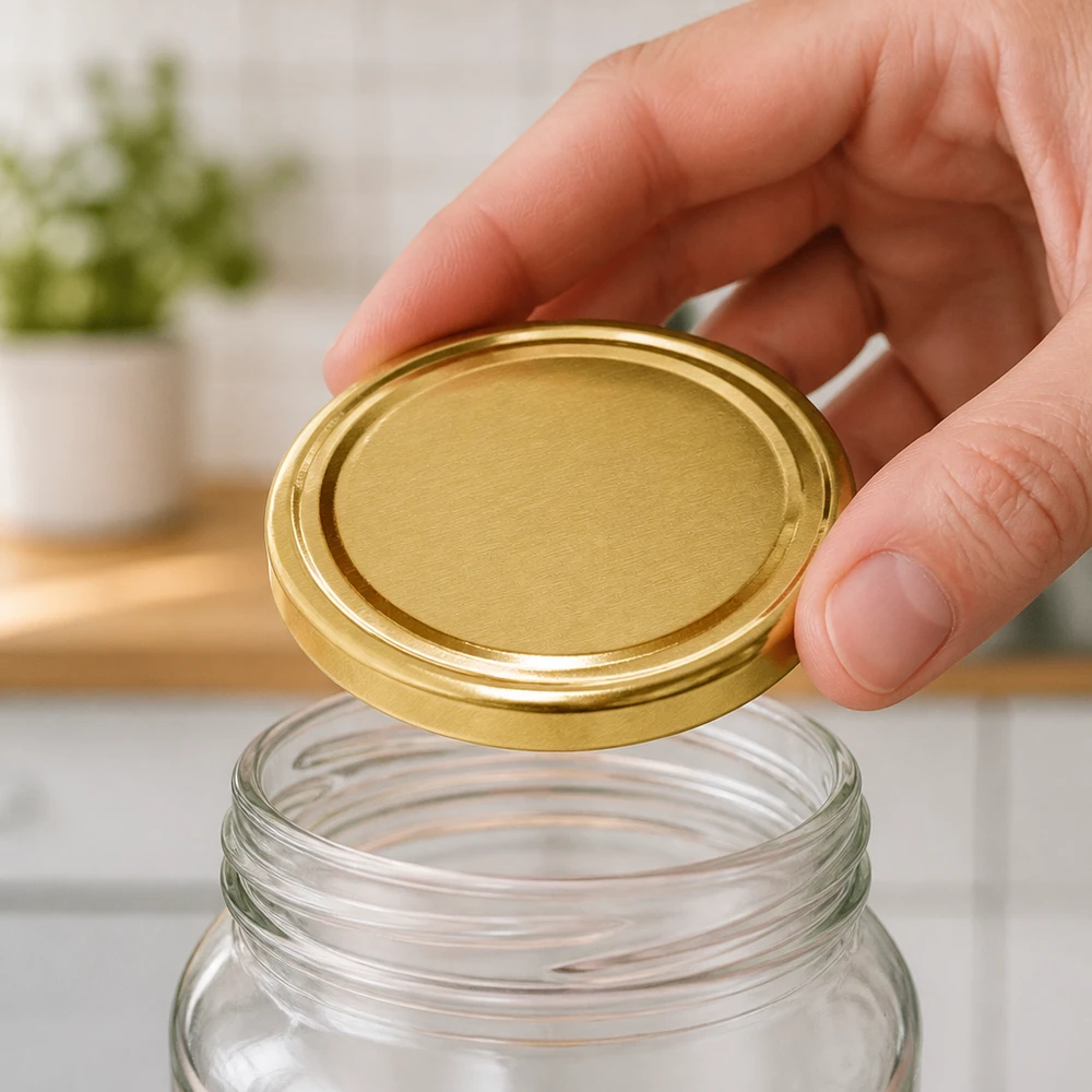 Goldener Metalldeckel 82mm auf transparentem Vorratsglas in moderner Küche BioSeal unitemp