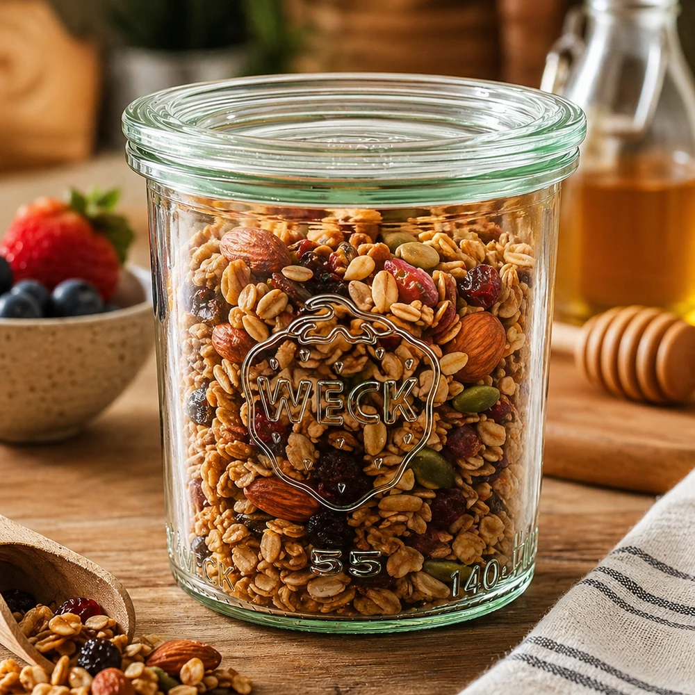 Bocal en verre de 140 ml avec couvercle en verre WECK RR60 WECK Sturzglas 140ml RR60 befüllt mit Nussmischung und Trockenfrüchten als Vorratsglas in rustikaler Küche