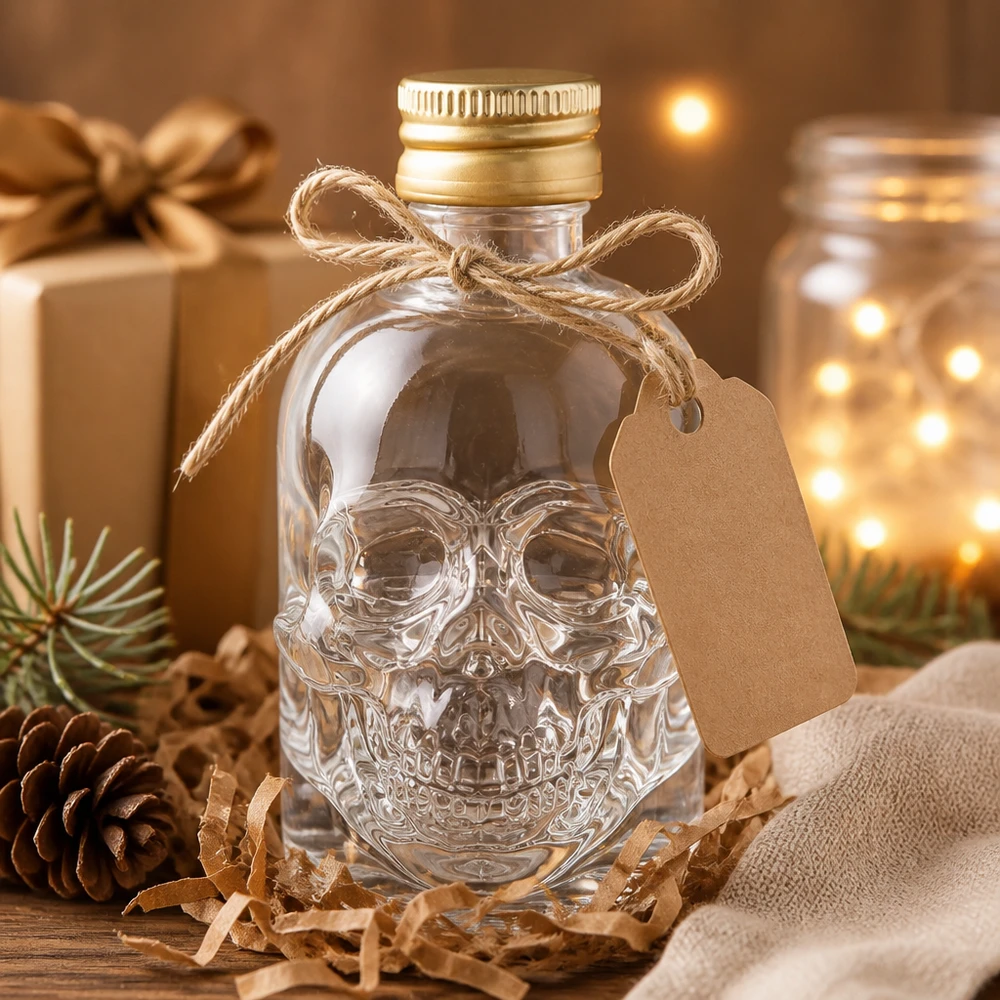 Bottiglia in vetro da 50 ml Hector con tappo a vite oro UNiTWIST® Bottiglia di vetro da 50 ml Hector teschio vuoto con confezione regalo carta artigianale ciondolo in accogliente decorazione natalizia