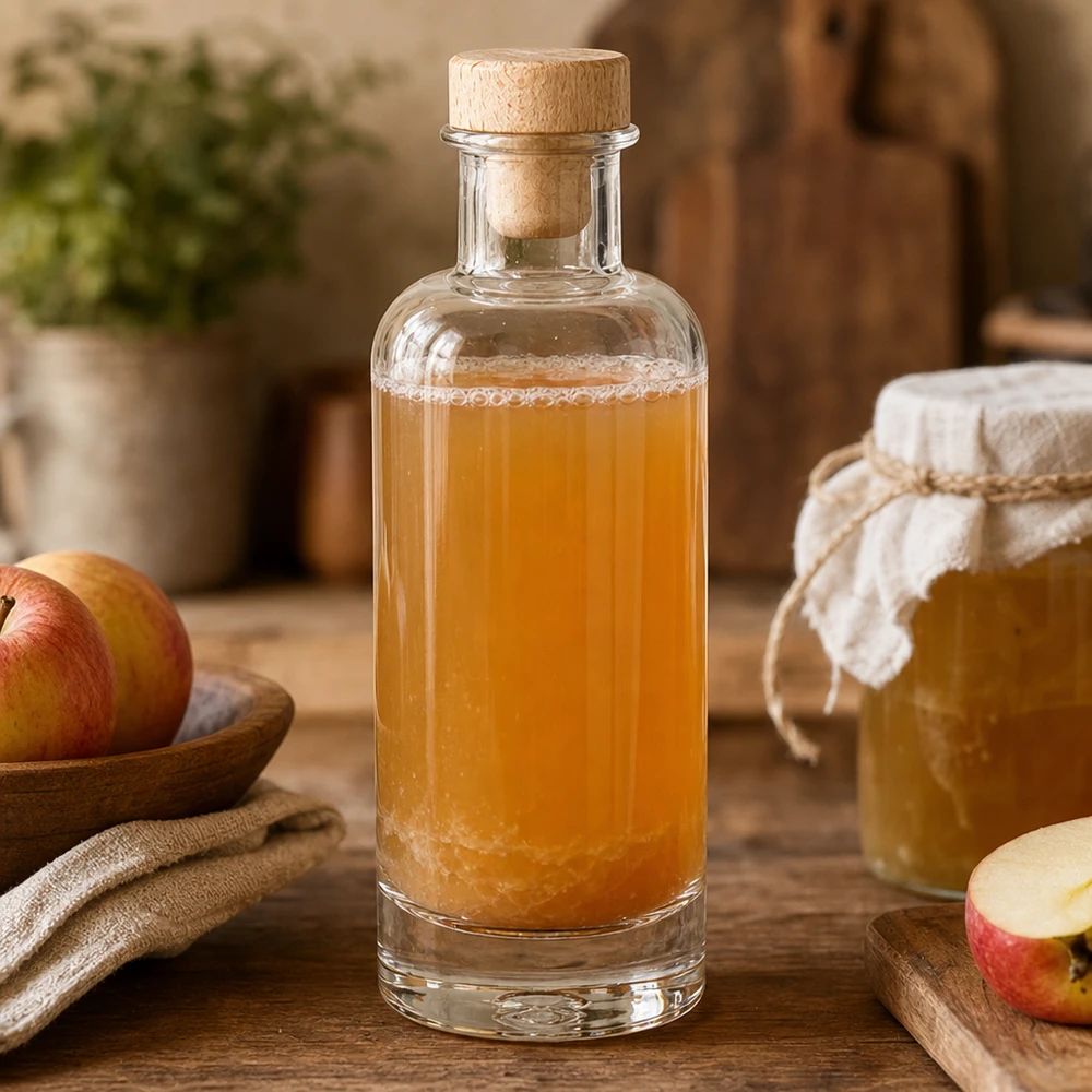 Bottiglia di vetro Ella da 200 ml con tappo di legno riempita di aceto di mele accanto a mele fresche e vasetto di miele in una cucina rustica