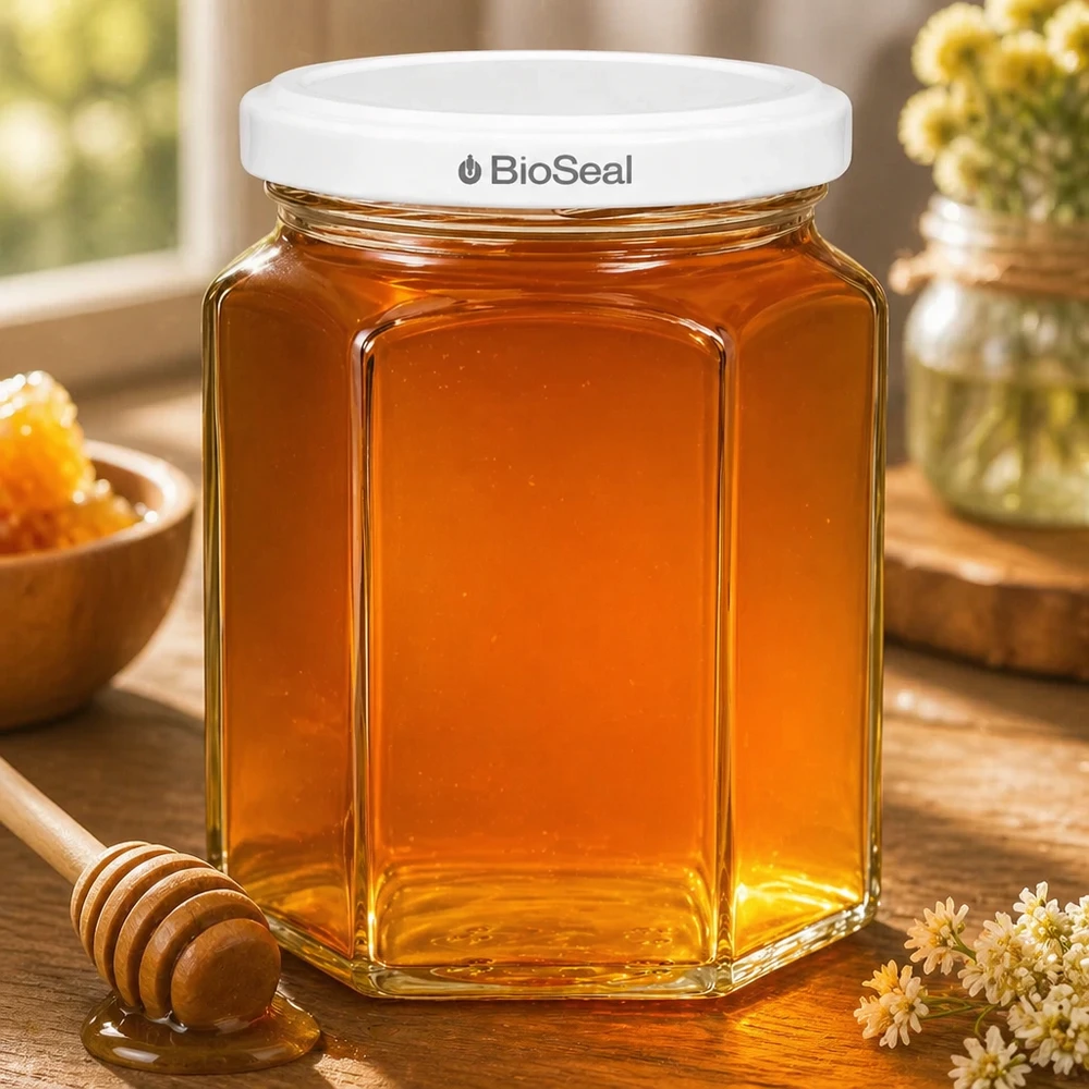 UNiTWIST Hexa288 Honigglas sechseckig mit TO63 BioSeal Deckel und Honiglöffel in warmer Küchenatmosphäre