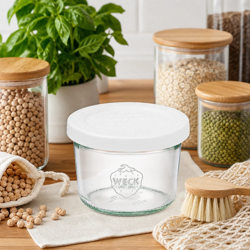Bocal en verre de 80 ml avec couvercle hermétique WECK RR60 WECK 80ml Sturzglas RR60 in nachhaltiger Küche mit Hülsenfrüchten Vorratsgläsern und Zero-Waste Utensilien auf Holz
