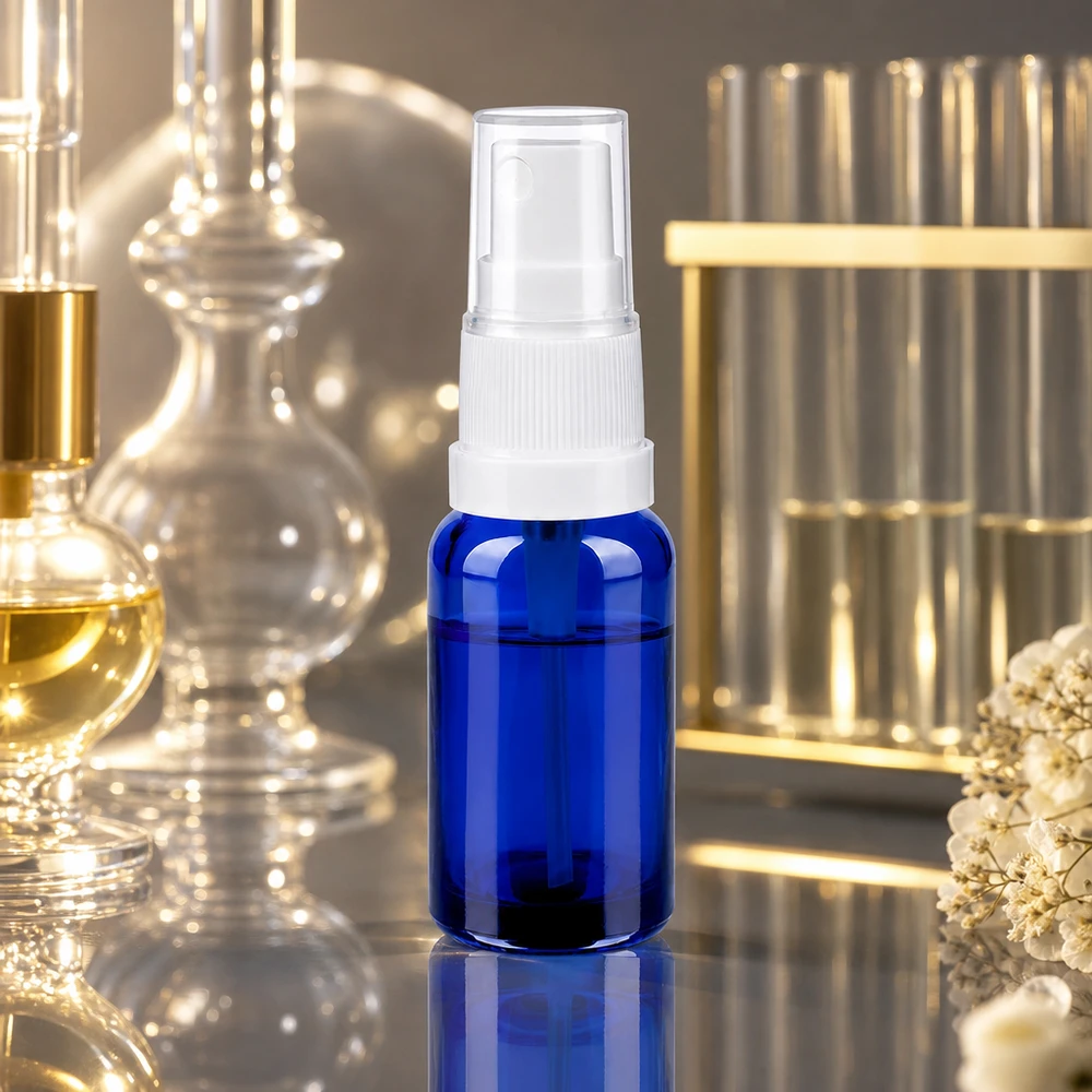 20ml Sprayflasche weiß/transparent Standardverschluss BlueLine UT18/20 Hochwertige 20ml Glasflasche blau mit auslaufsicherem weißem Sprühkopf für Naturkosmetik