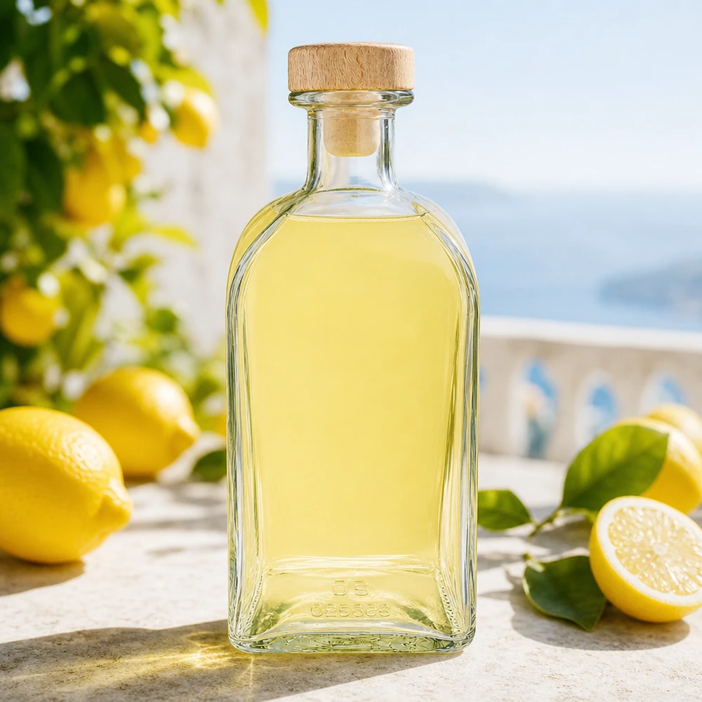 Flacone farmaceutico da 500 ml Julia con tappo in sughero con impugnatura in legno UNiTWIST® Bottiglia in vetro Julia da 500 ml con tappo in legno, riempita di liquore al limone in un ambiente mediterraneo con limoni freschi.