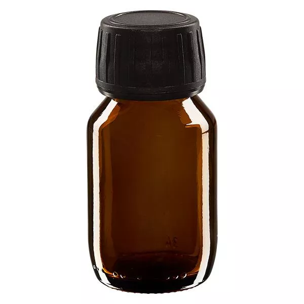 Flacon médical 50 ml couleur ambrée avec bouchon noir Flacon médical 50 ml couleur ambrée avec bouchon noir