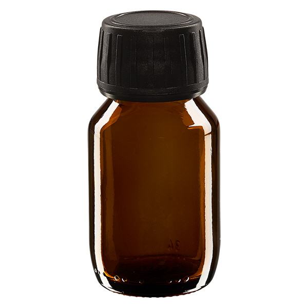 Flacone per medicinali da 50 ml marrone, tappo nero con chiusura antimanomissione Flacone per medicinali da 50 ml marrone, tappo nero con chiusura antimanomissione