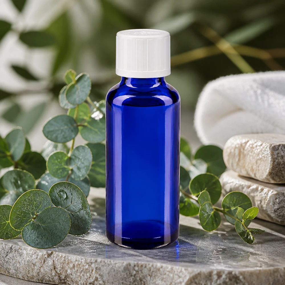 Apothekenflasche blau 30ml Schraubverschluss weiß Kindersicherung Standard Zylindrische Apothekerflasche Blauglas 30ml mit weißem Sicherheitsdeckel auf Marmorstein