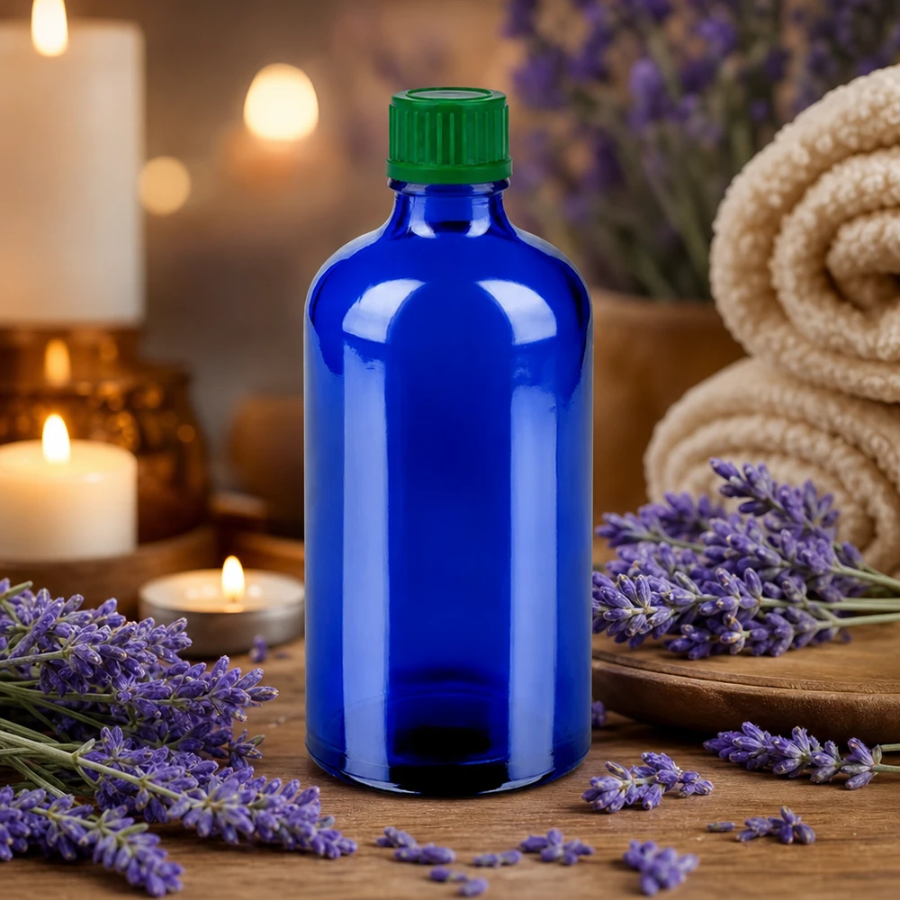 Bottiglia da 100ml 11mm SV verde STD BlueLine UT18/100 Flacone compatto da 100 ml in vetro blu con protezione UV per ingredienti sensibili