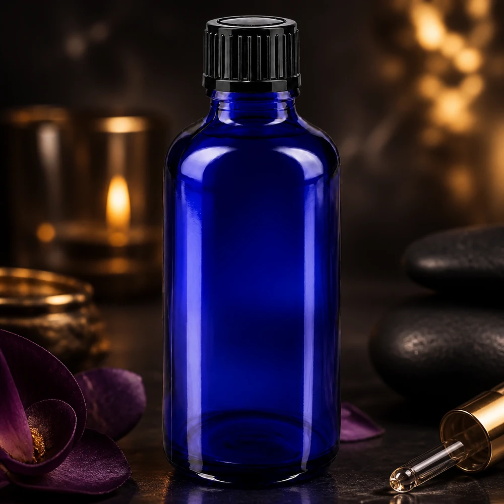 Apothekenflasche blau 50ml Schraubverschluss schwarz Standard Royalblaue Glasflasche 50ml für ätherische Öle mit schwarzem 11mm Schraubverschluss