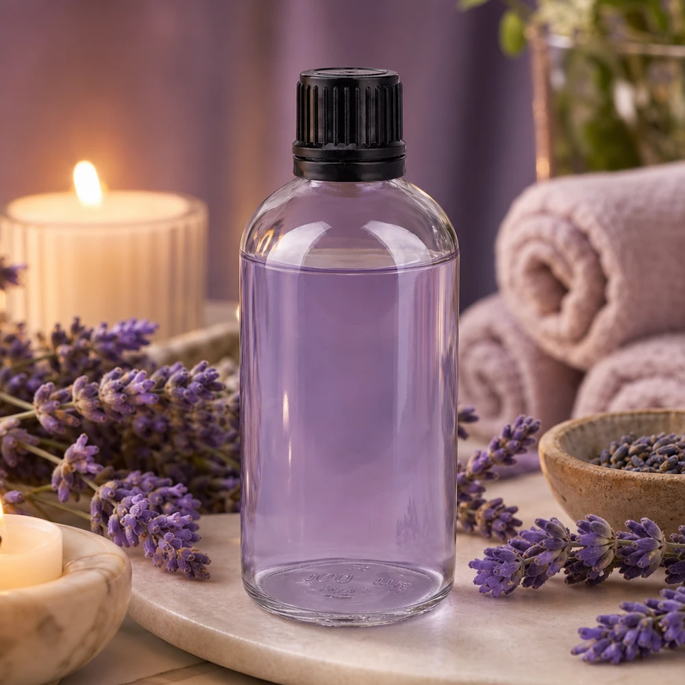 Flacone di vetro da 100 ml riempito con olio di lavanda, presentato in un ambiente termale con candele e asciugamani