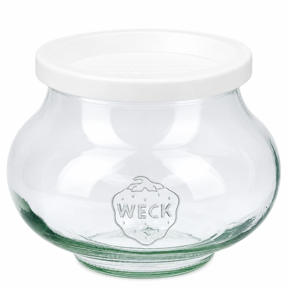 Barattolo decorativo da 560 ml con coperchio ermetico WECK RR80 Barattolo decorativo WECK da 560 ml con coperchio bianco per la freschezza RR80 in vetro trasparente con logo WECK in rilievo